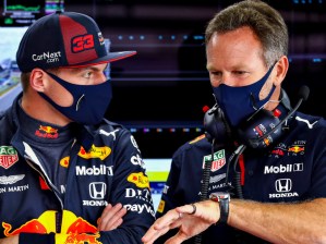Max Verstappen and Christian Horner masks