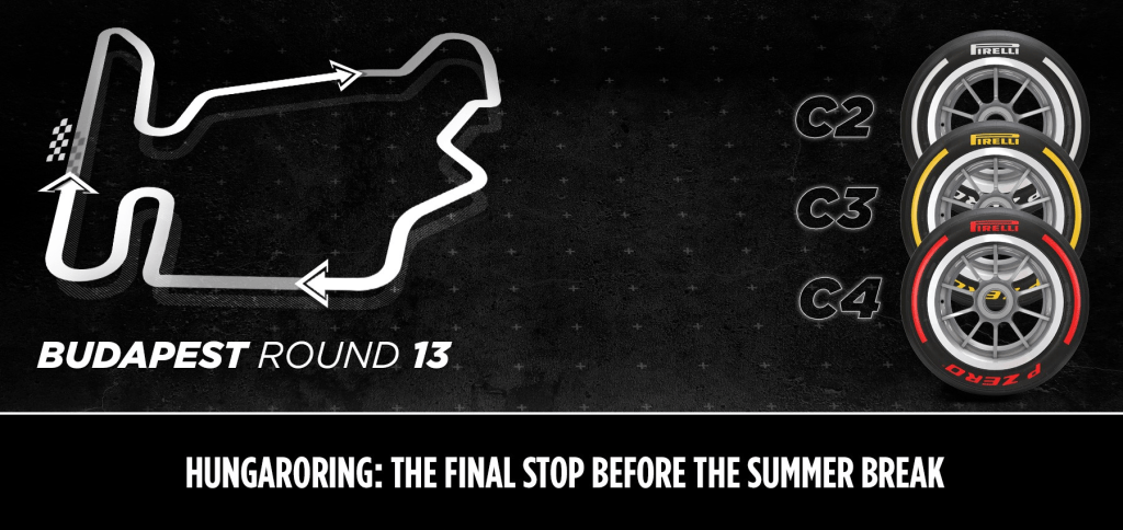 Il Gran Premio d'Ungheria segna la prima metà dell'anno prima della pausa estiva. Per l’Hungaroring, Pirelli ha scelto la gamma intermedia: C2 come P Zero White hard, C3 come P Zero Yellow medium, C4 come P Zero Rosso morbido.