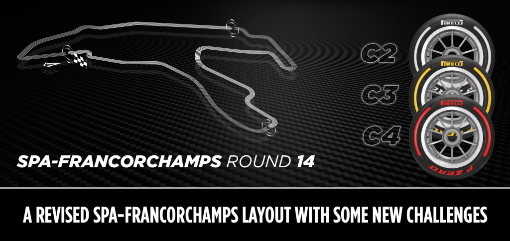 Per Spa-Francorchamps, Pirelli ha scelto le tre mescole a metà gamma: C2 per la hard, C3 come medium, C4 come soft.