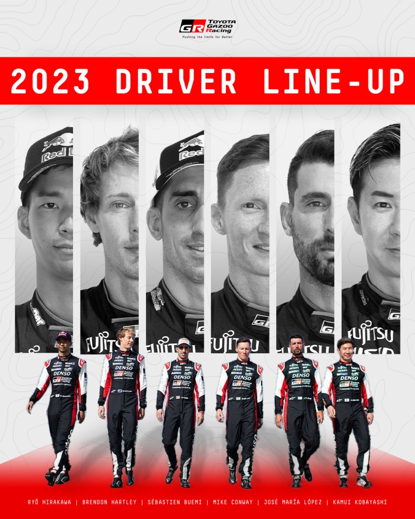 Toyota riconferma tutti i piloti per la prossima stagione: Kobayashi, Lopéz, Conway con la n.7 e Buemi, Hartley, Hirakawa sulla n.8.