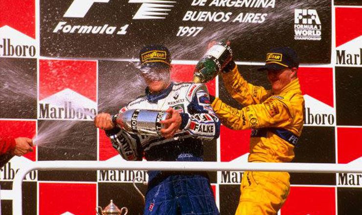 I festeggiamenti sul podio del Gran Premio d'Argentina 1997