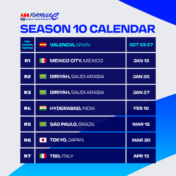 Il Calendario della Season 10 di FE, che partirà nel 2024.