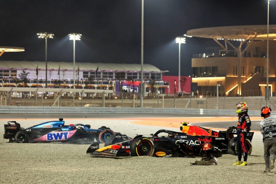 Sergio Perez (MEX) Red Bull Racing RB19 and Esteban Ocon (FRA) Alpine F1 Team A523 crashed out of the race. 07.10.2023. Formula 1 World Championship, Rd 18, Qatar Grand Prix, Doha, Qatar, Sprint Day. - www.xpbimages.com, EMail: requests@xpbimages.com © Copyright: Batchelor / XPB Images