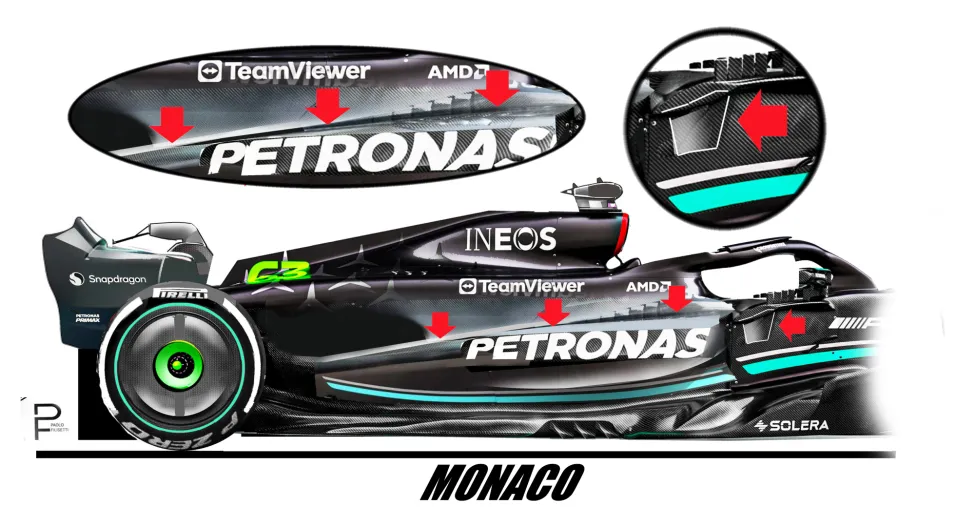Mercedes W14 con i sidepod rivisti