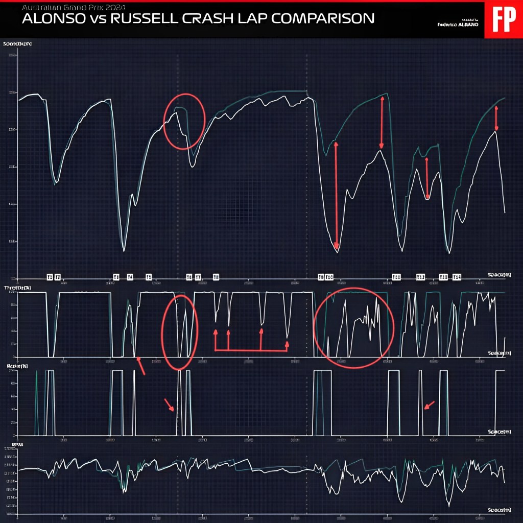 Telemetria dell'incidente tra Alonso e Russell al giro 57