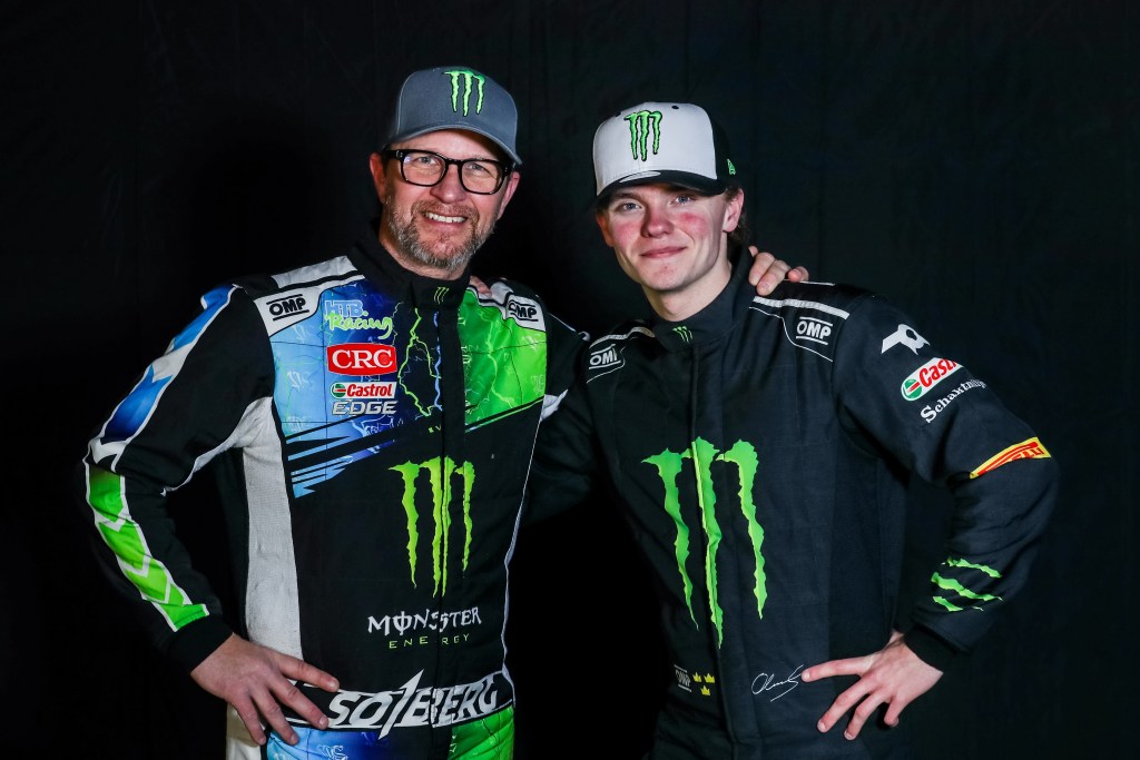 Petter Solberg NOR and Oliver Solberg NOR pose for a photo during practice ahead of the Race of Champions Snow Ice 2023 at Pite Havsbad Sweden on 26 Ja