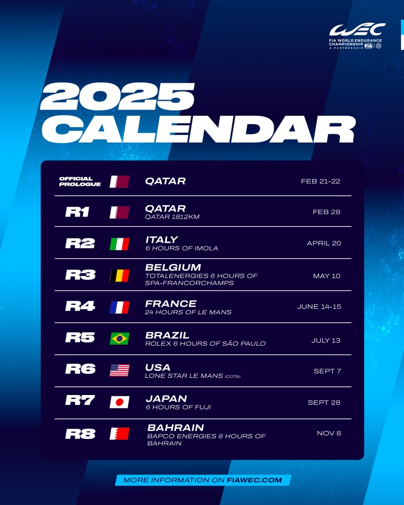 Calendario WEC 2025 pubblicato dalla FIA