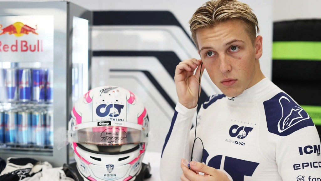 Liam Lawson in the AlphaTauri garage ahead of F1 practice session at Spa