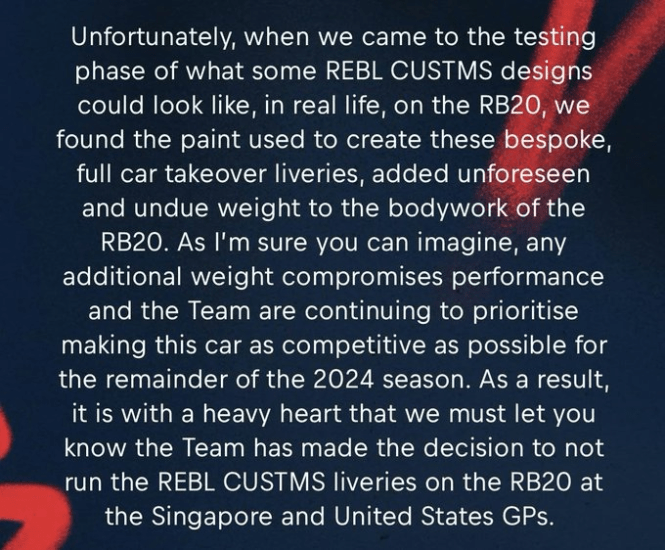 La Red Bull abbandona il progetto delle livree speciali create dai fan. Per problemi di peso manterrà quella tradizionale per il resto della stagione.