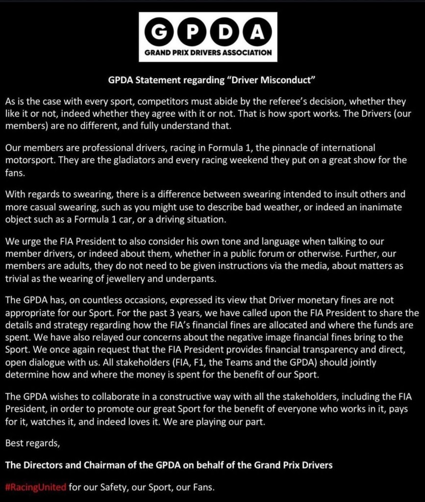 Dopo la creazione di un profilo Instagram da parte della GPDA, l’atteso comunicato dei piloti non si è fatto attendere.