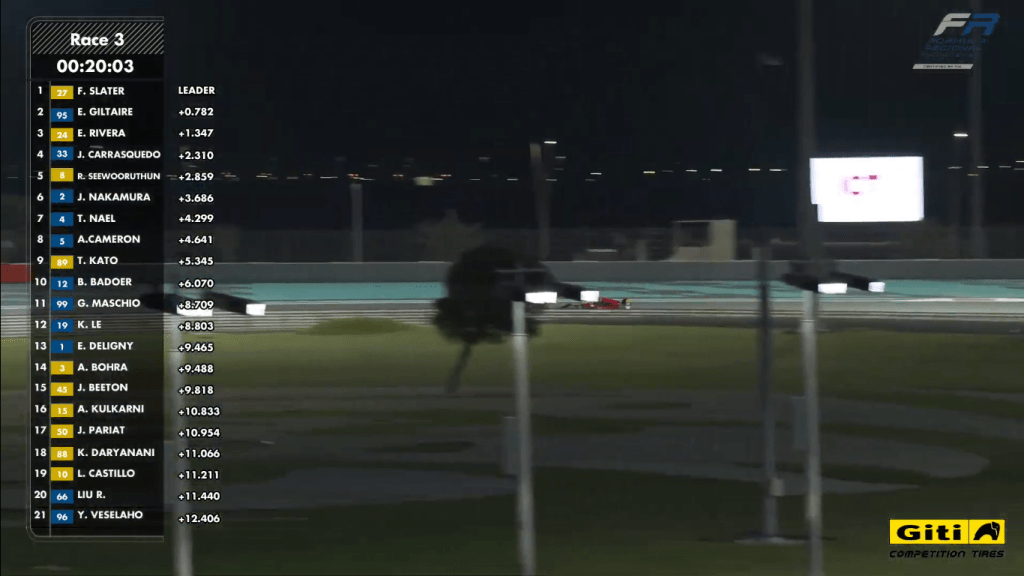 Freddie Slater ha vinto anche la terza gara del Formula Regional Middle East a Yas Marina. Sul podio con lui Giltaire e Carrasquedo.