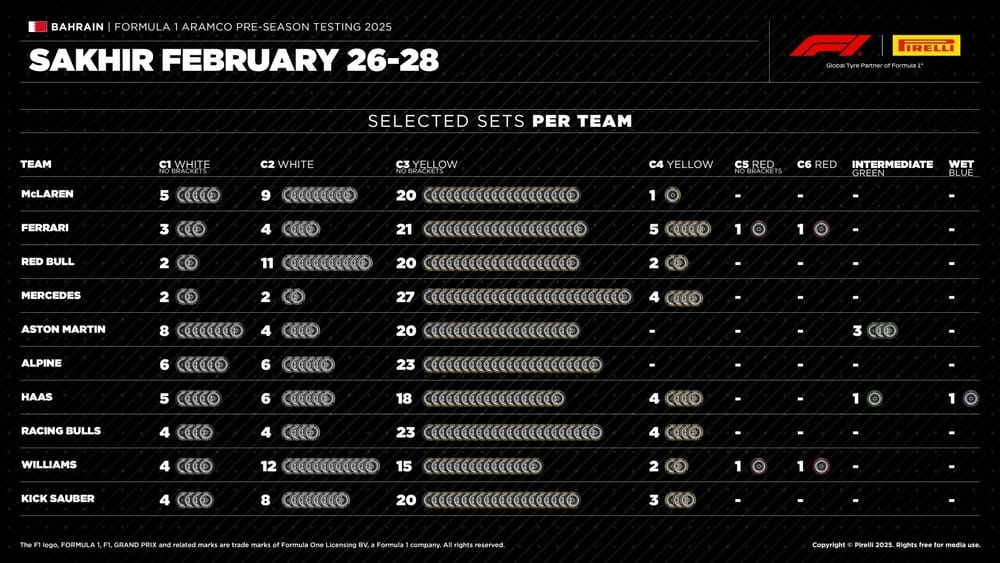 I team di Formula 1 hanno avuto piena libertà nella scelta delle gomme Pirelli per i test pre-stagionali in Bahrain, senza le restrizioni che si applicano durante il weekend di gara.