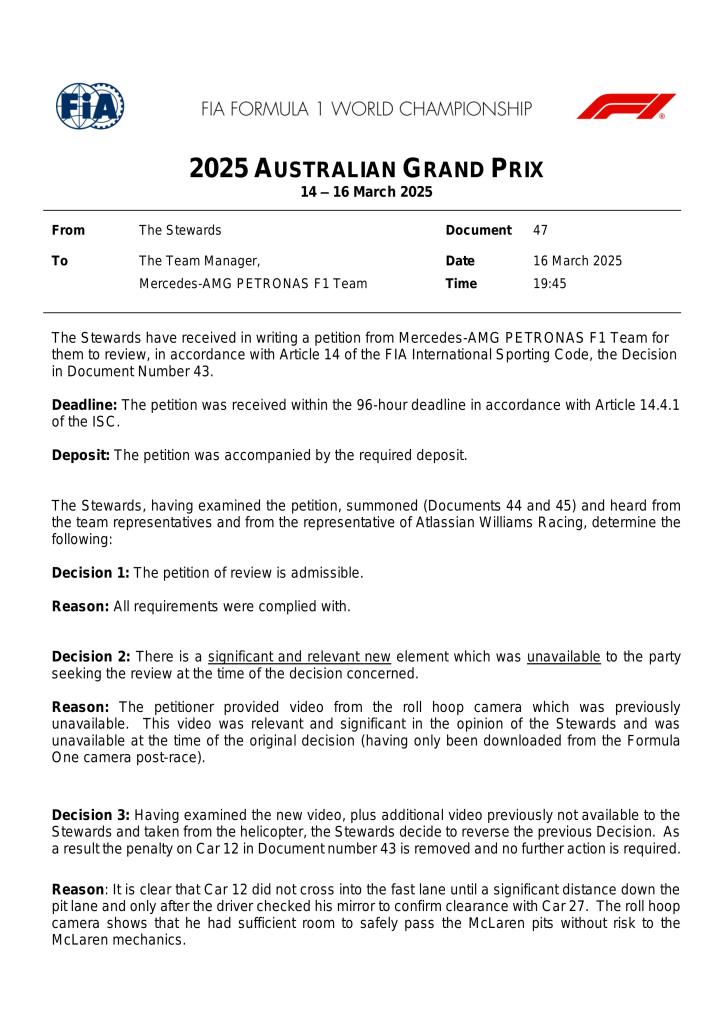 Kimi Antonelli riconquista la P4 conquistata in pista. Accolta la decisione della Mercedes di fare ricorso. La FIA ha valutato nuovi elementi…