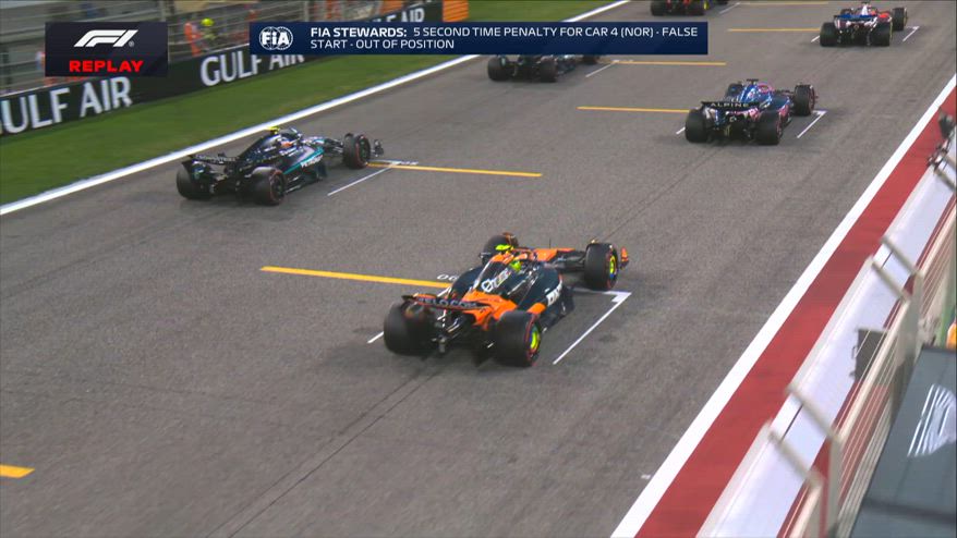 Immagine del replay della partenza della vettura di Lando Norris, con un messaggio dei commissari FIA che indica una penalità di cinque secondi per falsa partenza, mostrando altre vetture in gara sullo sfondo.