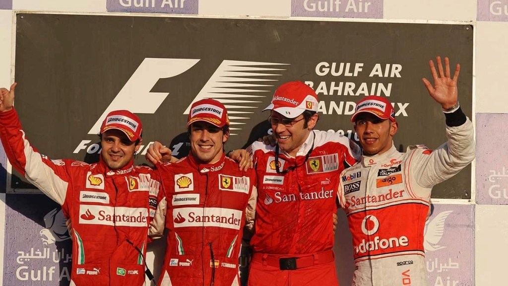 Il podio del GP del Bahrein 2010: Massa, Alonso e Hamilton