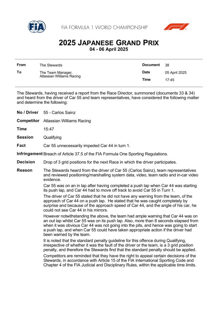 Il pilota della Williams, Carlos Sainz, ha ricevuto una penalità dai commissari sportivi del Gran Premio del Giappone 2025, venendo retrocesso di tre posizioni sulla griglia di partenza. La decisione è stata presa in seguito a un incidente avvenuto durante la sessione di qualifica.