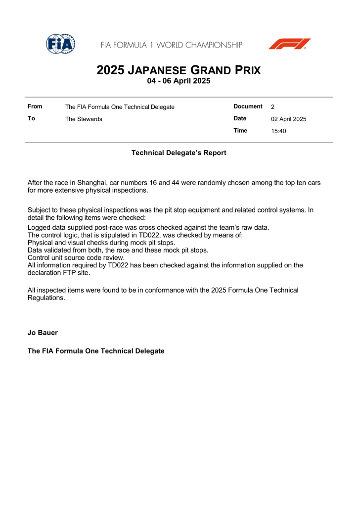 Dopo la doppia squalifica subita al termine del Gran Premio della Cina, la FIA ha reso noto che le due Ferrari SF-25 di Charles Leclerc e Lewis Hamilton erano state scelte anche per le verifiche tecniche più approfondite che vengono effettuate a campione su due vetture tra le prime dieci classificate.