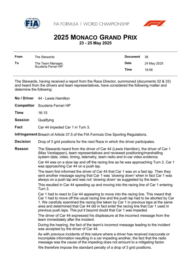 La Direzione Gara ha emesso un verdetto pesante al termine delle Qualifiche del Gran Premio di Monaco 2025: Lewis Hamilton sarà retrocesso di tre posizioni sulla griglia di partenza.