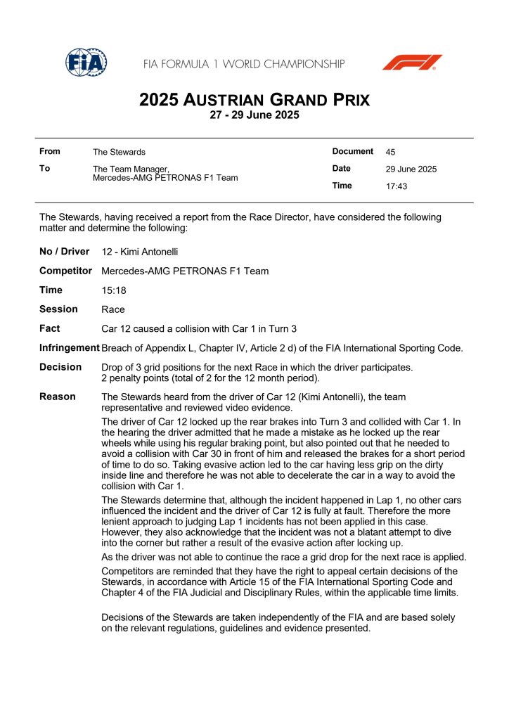 Antonelli penalizzato dopo il contatto con Verstappen al via. Tre posizioni di penalità nel prossimo GP per l'italiano...