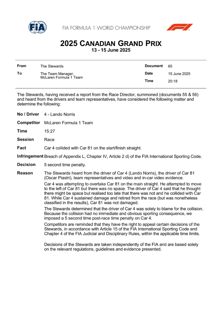 Lando Norris è stato penalizzato per il contatto con Oscar Piastri in curva 1 nel finale di gara.