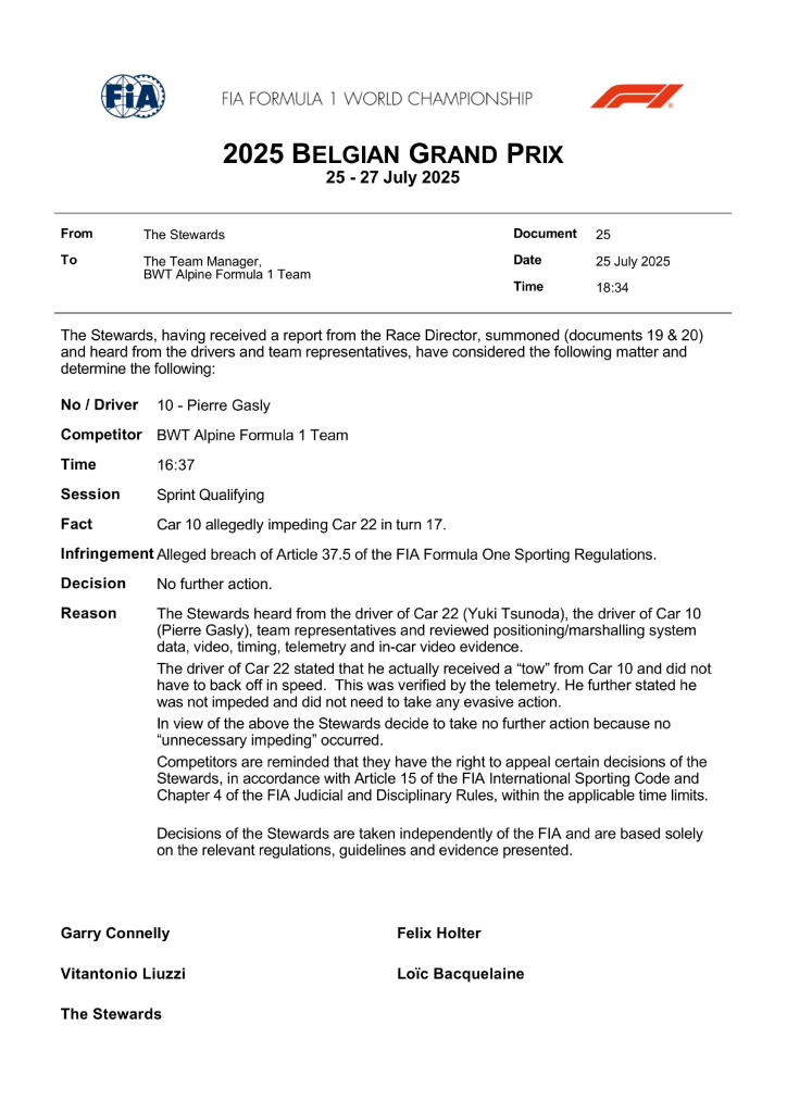 Al termine della sessione di qualifiche sprint del Gran Premio del Belgio, i Commissari Sportivi della FIA hanno emesso tre decisioni ufficiali riguardanti i piloti Yuki Tsunoda (Oracle Red Bull Racing), George Russell (Mercedes-AMG PETRONAS F1 Team) e Pierre Gasly (BWT Alpine F1 Team).