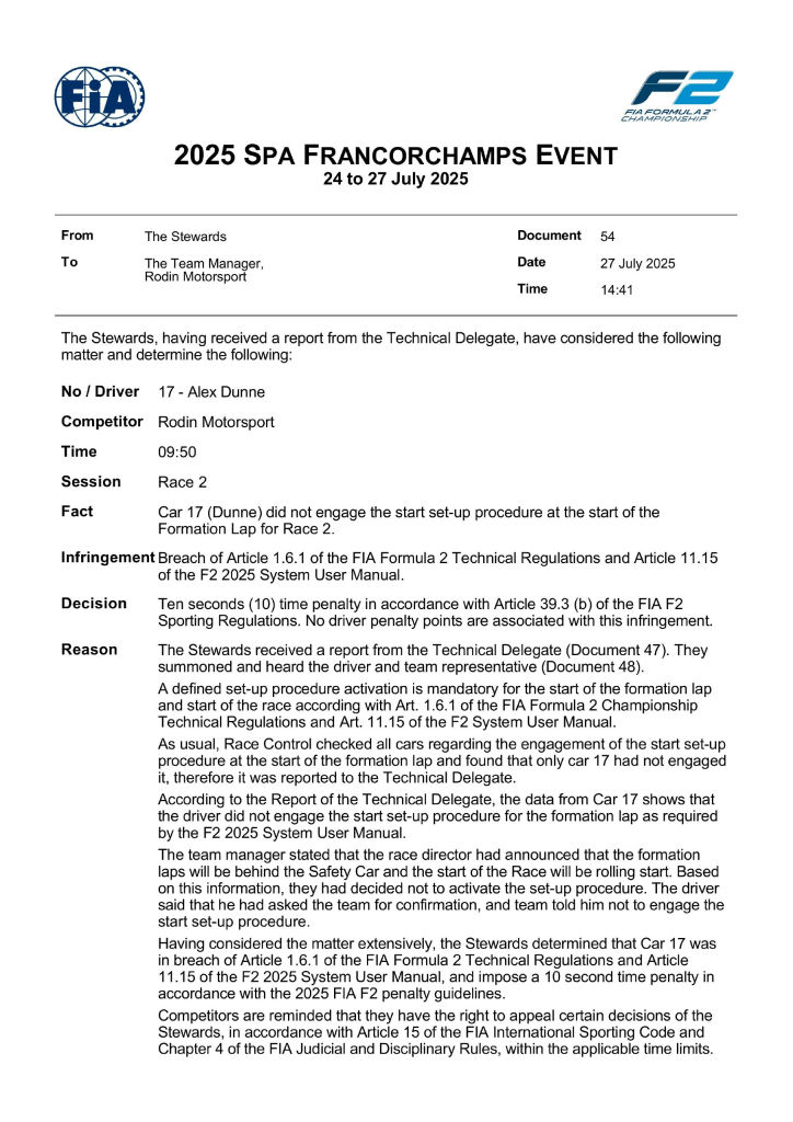 Il weekend della Formula 2 a Spa-Francorchamps ha visto un nuovo episodio regolamentare coinvolgere il pilota Alex Dunne del team Rodin Motorsport.