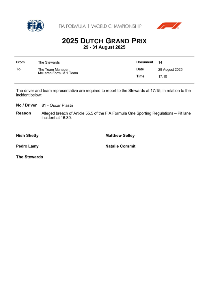 Le seconde prove libere del Gran Premio d’Olanda 2025 non sono state prive di tensione. Oscar Piastri è infatti finito nel mirino dei commissari dopo un episodio avvenuto in pit lane con George Russell.