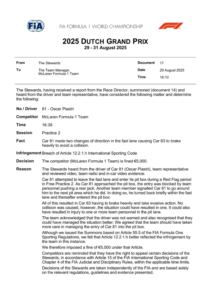 Durante la seconda sessione di prove libere del Gran Premio d’Olanda, Oscar Piastri è stato protagonista di un episodio che ha attirato l’attenzione dei commissari di gara.