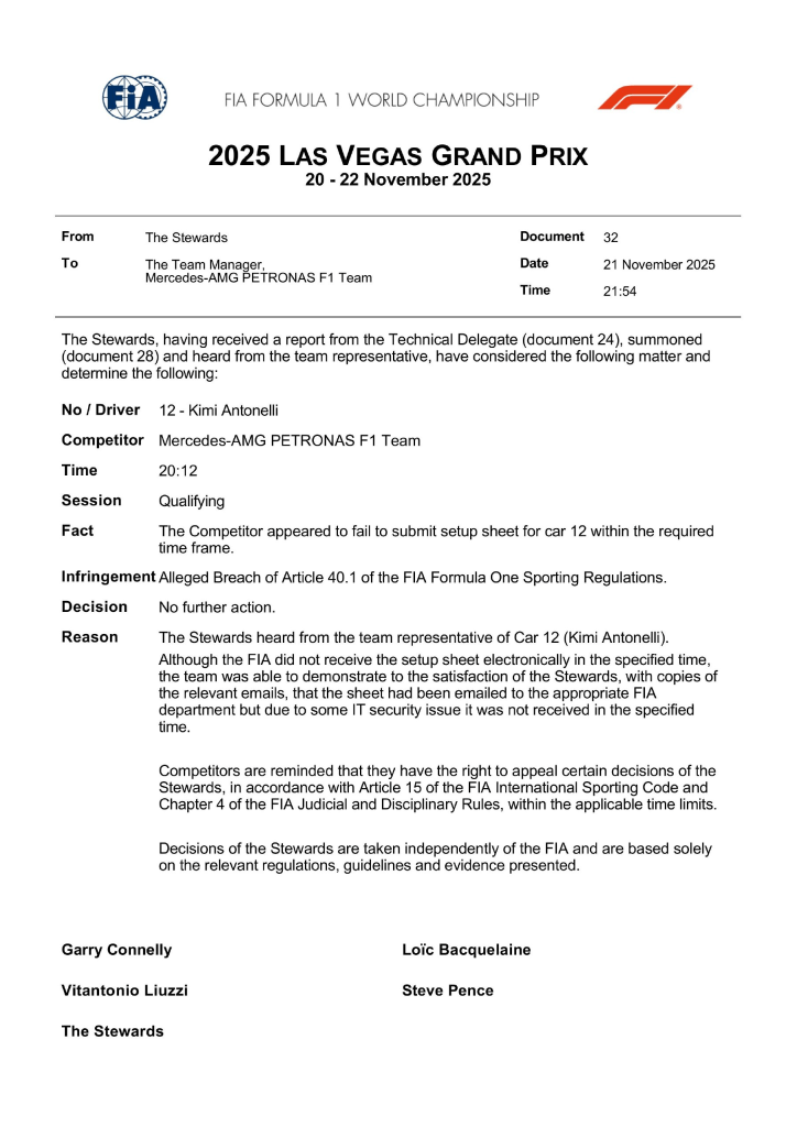 George Russell e Andrea Kimi Antonelli sono finiti sotto i riflettori a Las Vegas dopo un’indagine FIA sul presunto ritardo nella consegna dei set-up delle loro Mercedes.