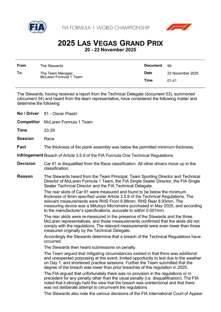 Nuovo terremoto nel Mondiale di Formula 1: al termine del GP di Las Vegas, le verifiche tecniche hanno portato alla squalifica delle due McLaren di Norris e Piastri, stravolgendo classifica e scenari iridati.